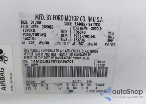 2000 Ford Explorer Limited z USA, uszkodzony, nr VIN 1FMDU85P0YZA96709